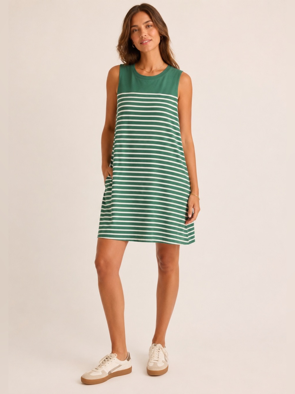 Z Supply Striped Sleeveless Cotton Tank Dress | Green & White | Size Large